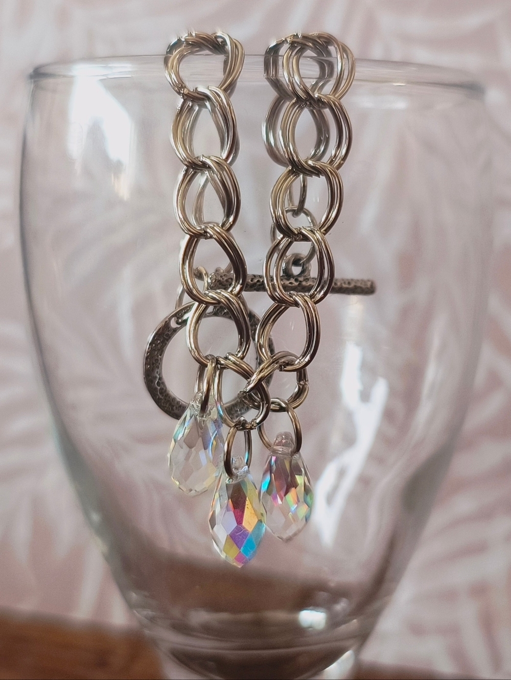 Handmade Iridescent AB Crystal Teardrop Charm Bracelet - Nickel Free Silver